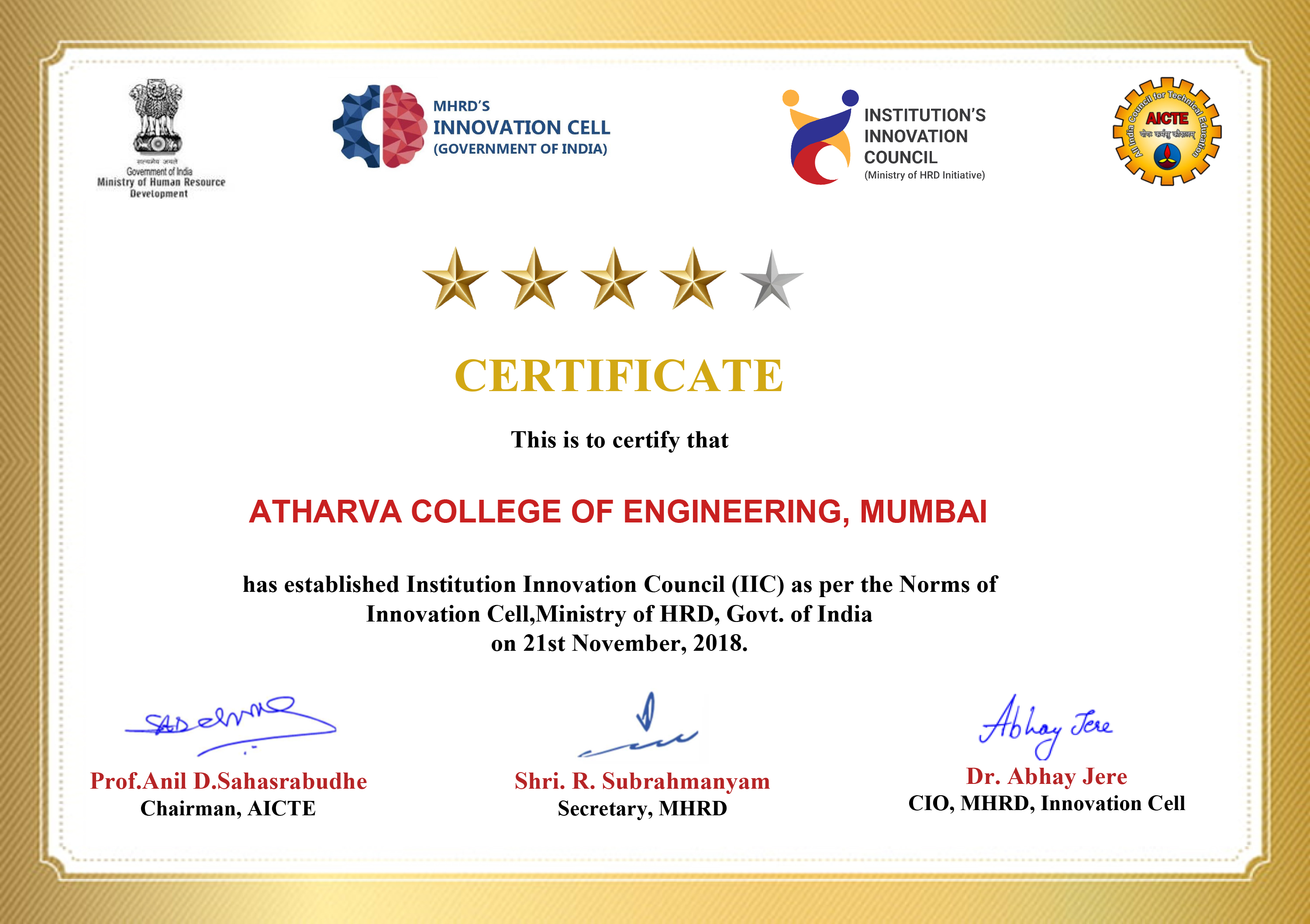 CERTIFICATE | Atharva College of Engineering